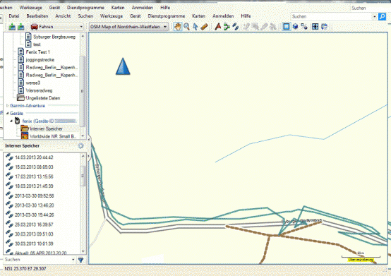 Zwei Tracklinien aus dem Fenix-Speicher in BaseCamp